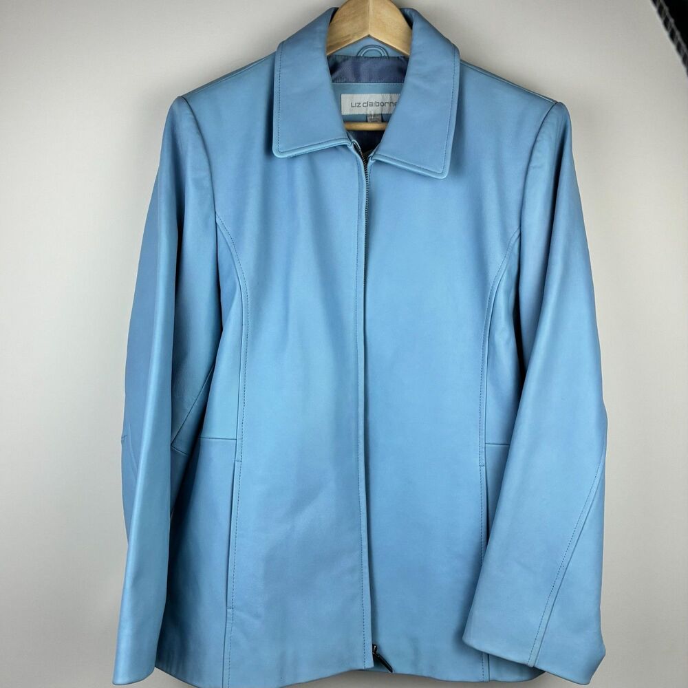 Vintage Liz Claiborne Light Blue Leather Full Zip Jacket Collared Coat Women's